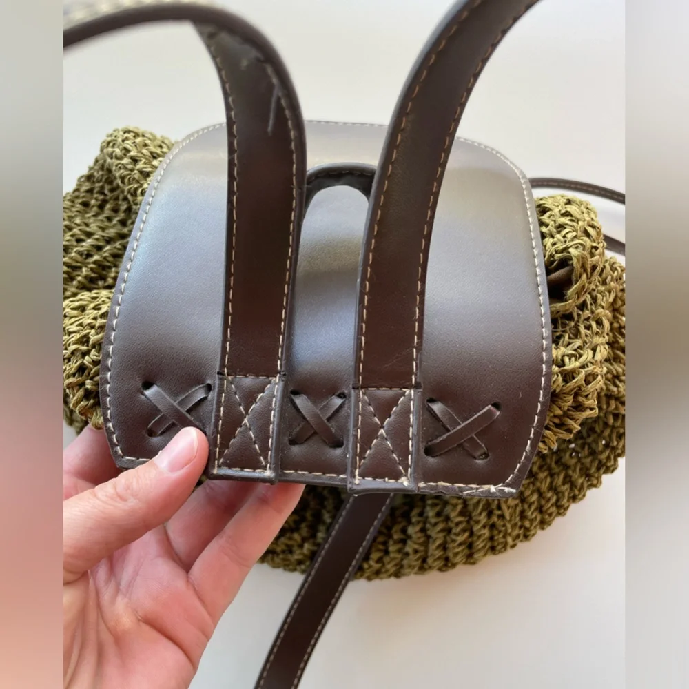 Cappelli Straworld Olive Green Woven Raffia Backpack Brown Faux Leather Trim